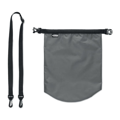 Vista plana de bolsa estanca gris con correa