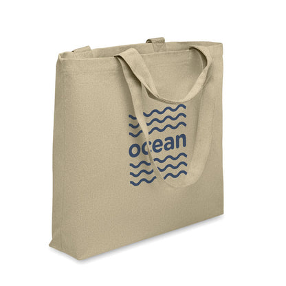 Bolsa de lona kaki con fuelle y con asas largas y cortas personalizada con logotipo azul