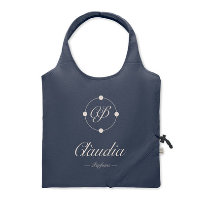 Bolsa azul marino con sistema de plegado con personalizada con logotipo en color blanco