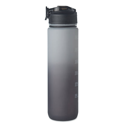 Bidón deportivo negro y gris con tapa al lado