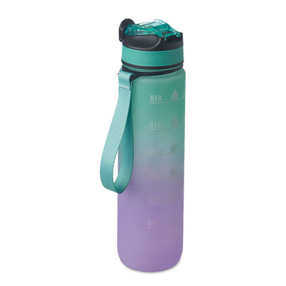 Parte lateral de botella deportiva verde y violeta