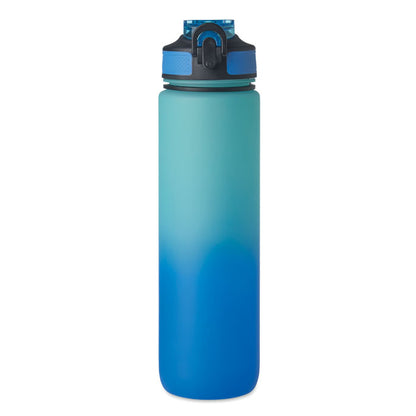 Parte superior de botella deportiva azul con fondo gris