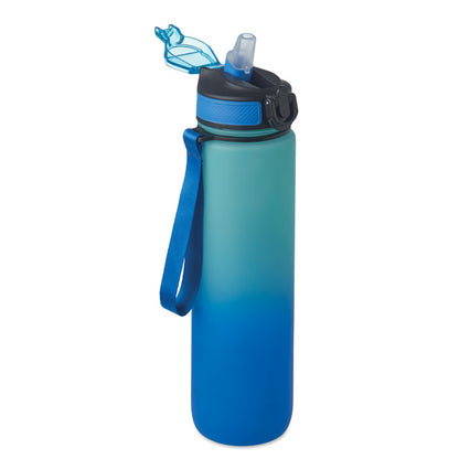 Parte superior de botella deportiva azul con fondo gris