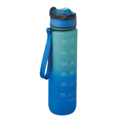 Botella de agua deportiva negra y gris con medidas