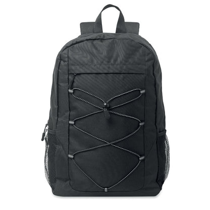 Mochila de deporte negra con bolsillo frontal con cremallera y cordón decorativo