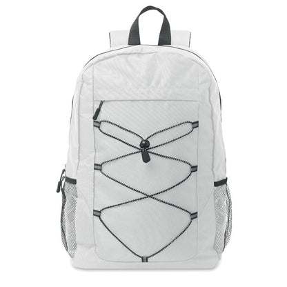 Mochila de deporte blanca con bolsillo frontal con cremallera y cordón decorativo color negro
