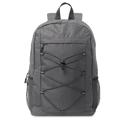 Mochila de deporte gris oscura con bolsillo frontal con cremallera y cordón decorativo