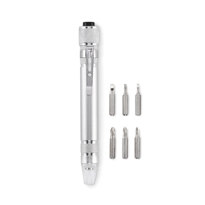 Multiherramienta con linterna y seis puntas en cuerpo de aluminio reciclado.