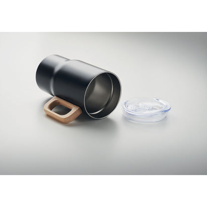 Taza de viaje de acero inoxidable negro con tapadera a rosca transparente