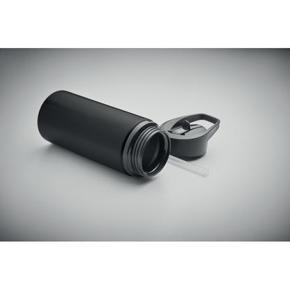 Botella tumbada con tapa quitada de acero negro