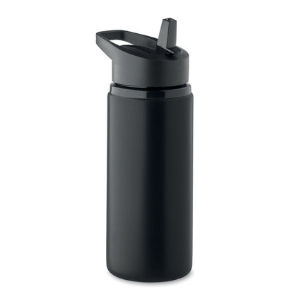 Botella de acero negra con asa y pajita
