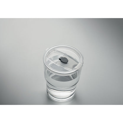 Vista superior de vaso de cristal con tapadera transparente