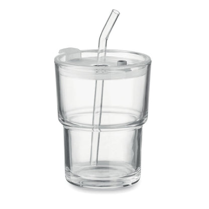 Vaso de cristal con pajita integrada y tapadera transparente 
