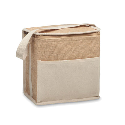 Bolsa nevera de yute con bolsillo exterior de lona color natural y asa bandolera