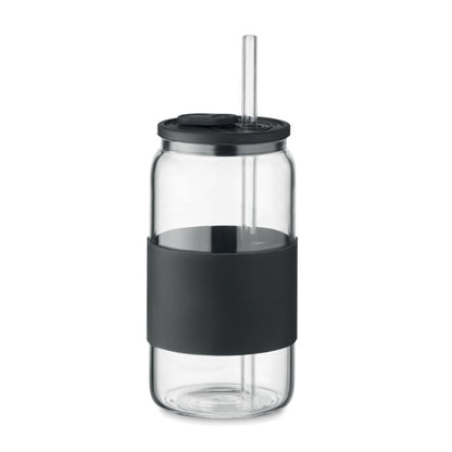 Vaso alto y pajita de borosilicato con tapa y faja para sujetar de silicona negra