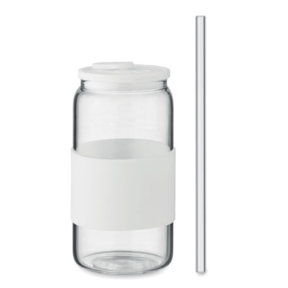 Vaso de cristal de borosilicato con pajita y con tapa y cinta de silicona blanca