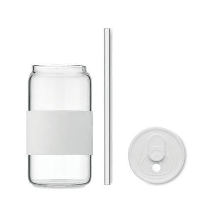 Vaso de borosilicato con tira de agarre de silicona blanca, pajita de borosilicato y tapadera blanca de silicona