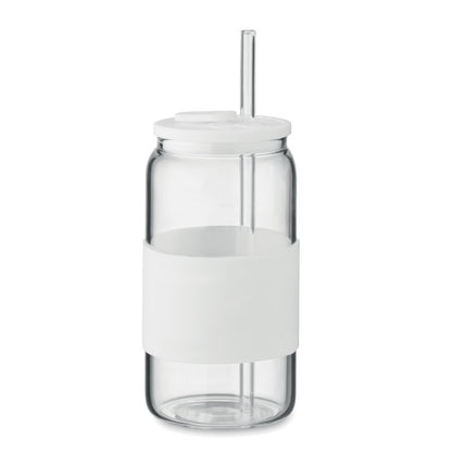 Vaso alto y pajita de borosilicato con tapa y faja para sujetar de silicona blanca