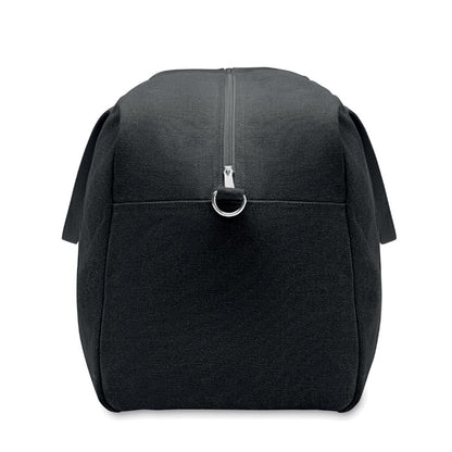 Bolsa de deporte negra de  tejido reciclado  con correa de algodón ajustable y desmontable y asas de mano