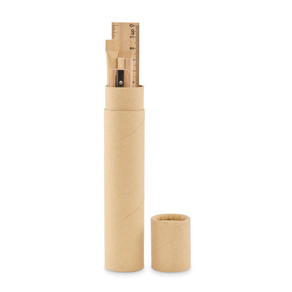 Estuche de papel con regla, lápices, boli y sacapuntas