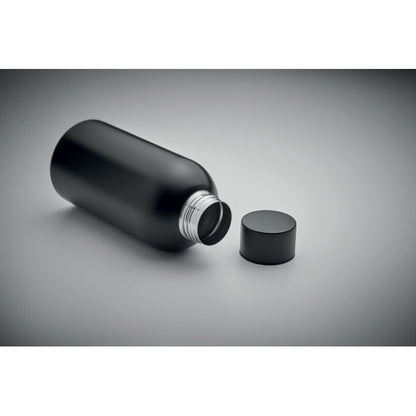 Botella negra tumbada con tapón de acero