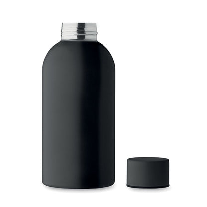 Botella de acero negro inox. reciclado y tapón al lado