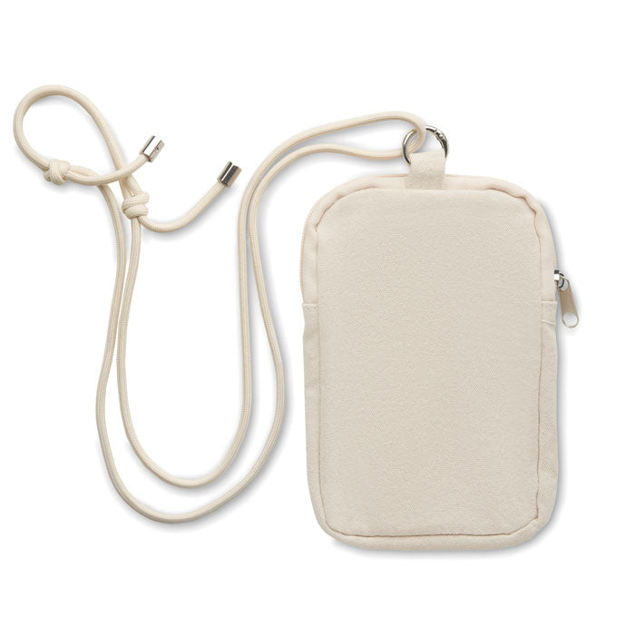 Vista posterior de bolso bandolera de algodón reciclado en color crema con cordón ajustable para smartphone.