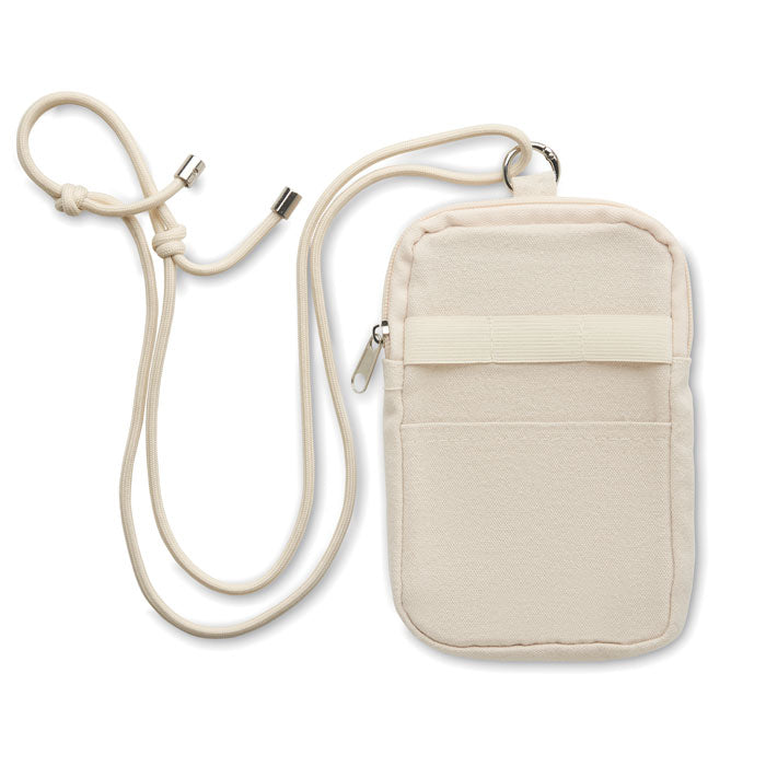 Bolso bandolera para smartphone en color beige, fabricado en algodón reciclado, con cordón ajustable y múltiples compartimentos.