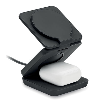 Cargador negro para tres dispositivos con estuche de auriculares