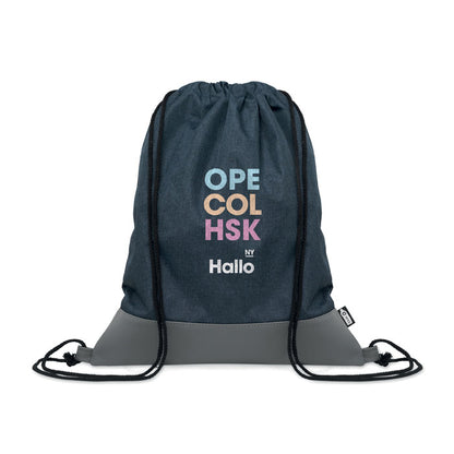 Mochila de cordones de poliéster marino y gris personalizada con logotipo a varios colores