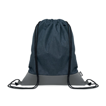 Mochila con cierre de cuerdas de poliéster de color azul oscuro y gris en la parte inferior