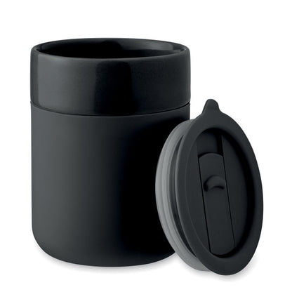 Mug de viaje de cerámica y silicona negra con tapadera de cierre deslizante