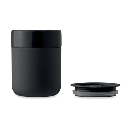 Vaso de cerámica recubierta de silicona negra con tapadera de rosca negra