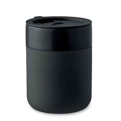 Vaso negro de cerámica con funda de silicona y tapadera negra de plástico