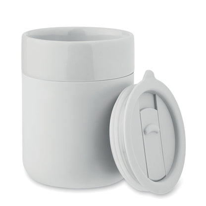 Mug de viaje de cerámica y silicona blanca con tapadera de cierre deslizante