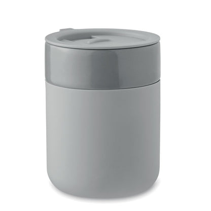 Vaso gris de cerámica con funda de silicona y tapadera gris de plástico