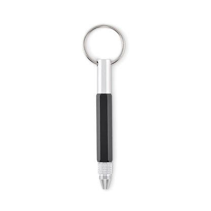 Herramienta compacta con bolígrafo giratorio y llavero metálico.