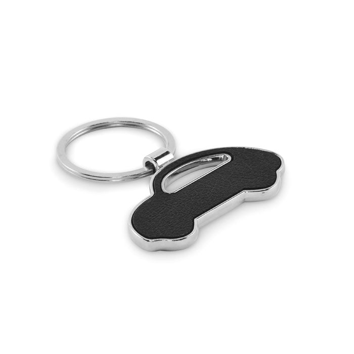 Llavero metálico con forma de coche en color negro y acabado brillante, perfecto para llaves.