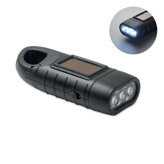 Linterna de 3 LED blancas en color negro, con panel solar y dinamo, vista lateral destacando su diseño ergonómico.