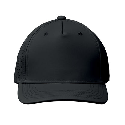Vista frontal de gorra de 5 paneles negra
