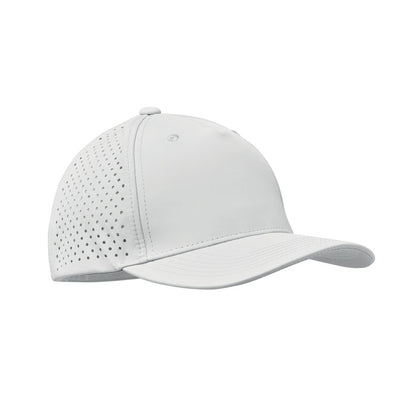 Lateral de Gorra de 5 paneles con tejido perforado. Blanca