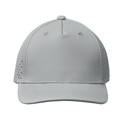 Vista frontal de gorra de 5 paneles gris