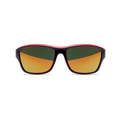 Vista frontal de gafas de sol rojas con cristales naranjas