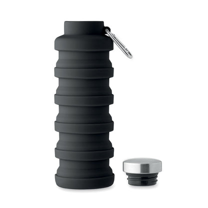 Botella plegable negra de silicona y tapa de acero
