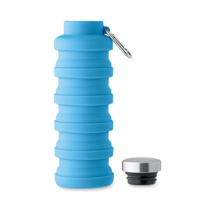 Botella plegable azul de silicona y tapa de acero