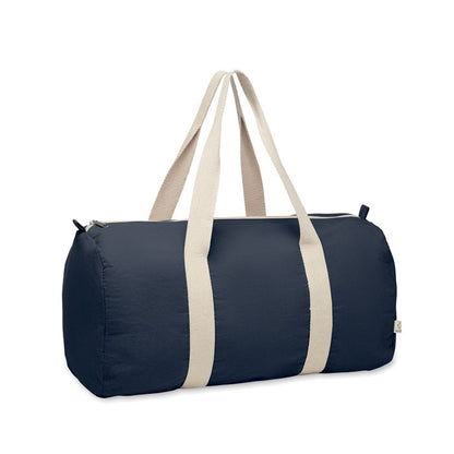 Bolsa de deporte de algodón  azul marino con compartimento lateral con cremallera y con asas largas color crudo