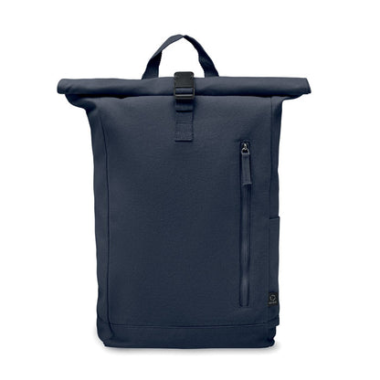 Mochila reciclada con diseño promocional y cierre autoadherente.