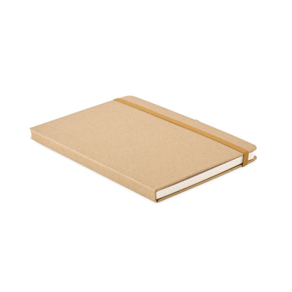 Vista frontal de libreta de tapa de cartón con cierre de goma