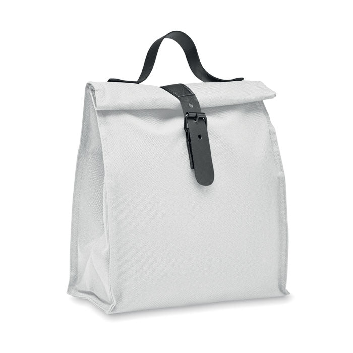 Bolsa nevera blanca rolltop aislante de poliéster RPET 600D con asa negra, vista frontal.