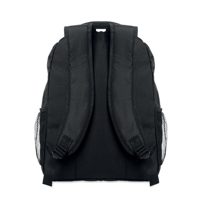 Vista trasera de mochila negra con correas ajustables